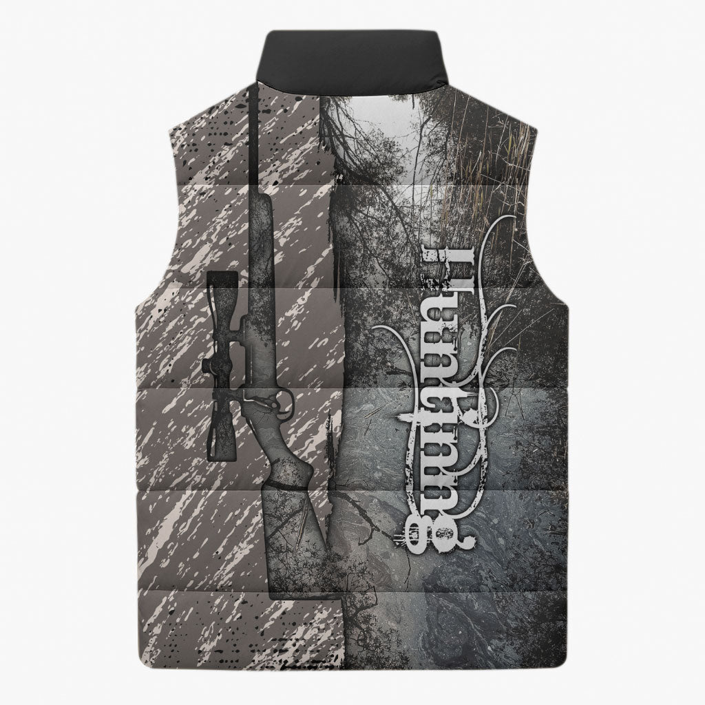 Hunting Rifle Sleeveless Puffer Jacket Grunge Wilderness Marsh Scene with Rustic Outdoor