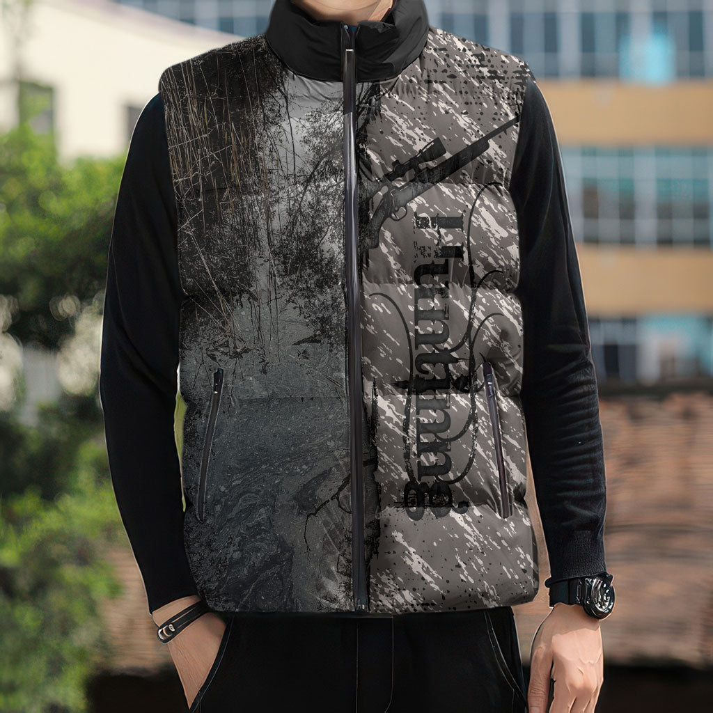 Hunting Rifle Sleeveless Puffer Jacket Grunge Wilderness Marsh Scene with Rustic Outdoor