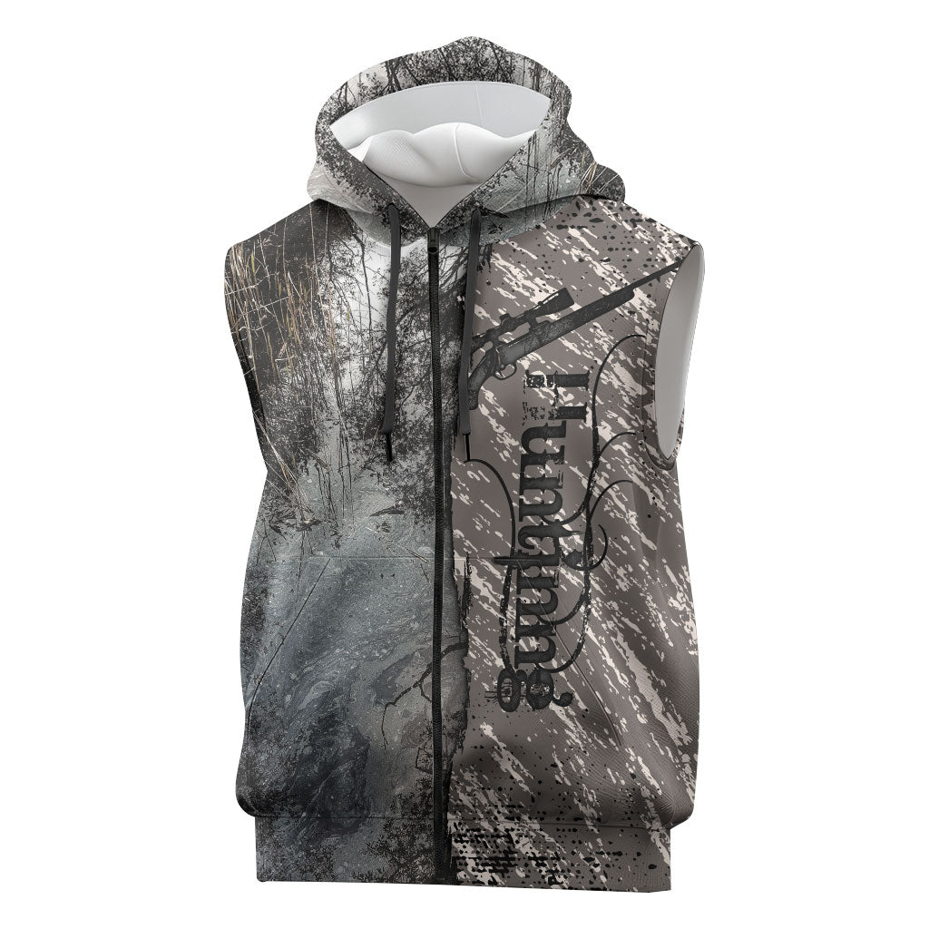Hunting Rifle Sleeveless Zip Hoodie Grunge Wilderness Marsh Scene with Rustic Outdoor