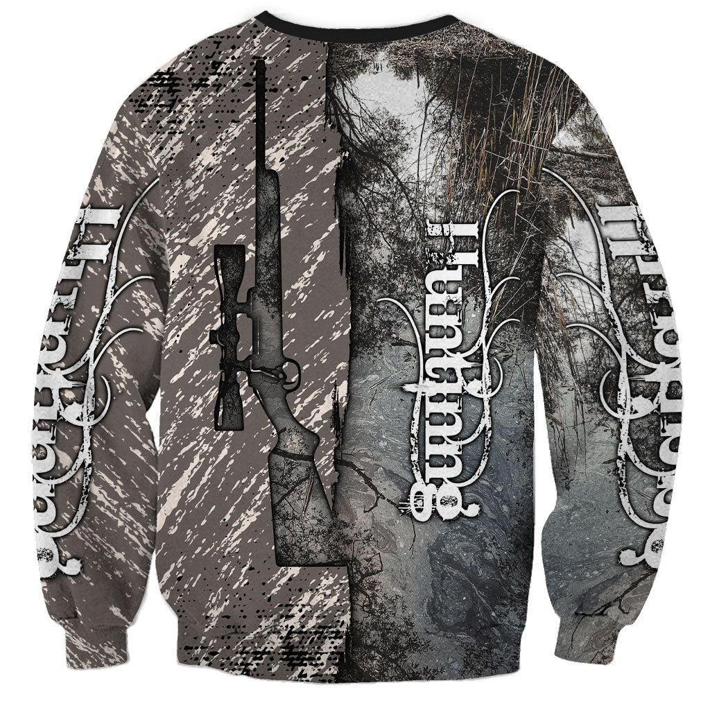 Hunting Rifle Sweatshirt Grunge Wilderness Marsh Scene with Rustic Outdoor