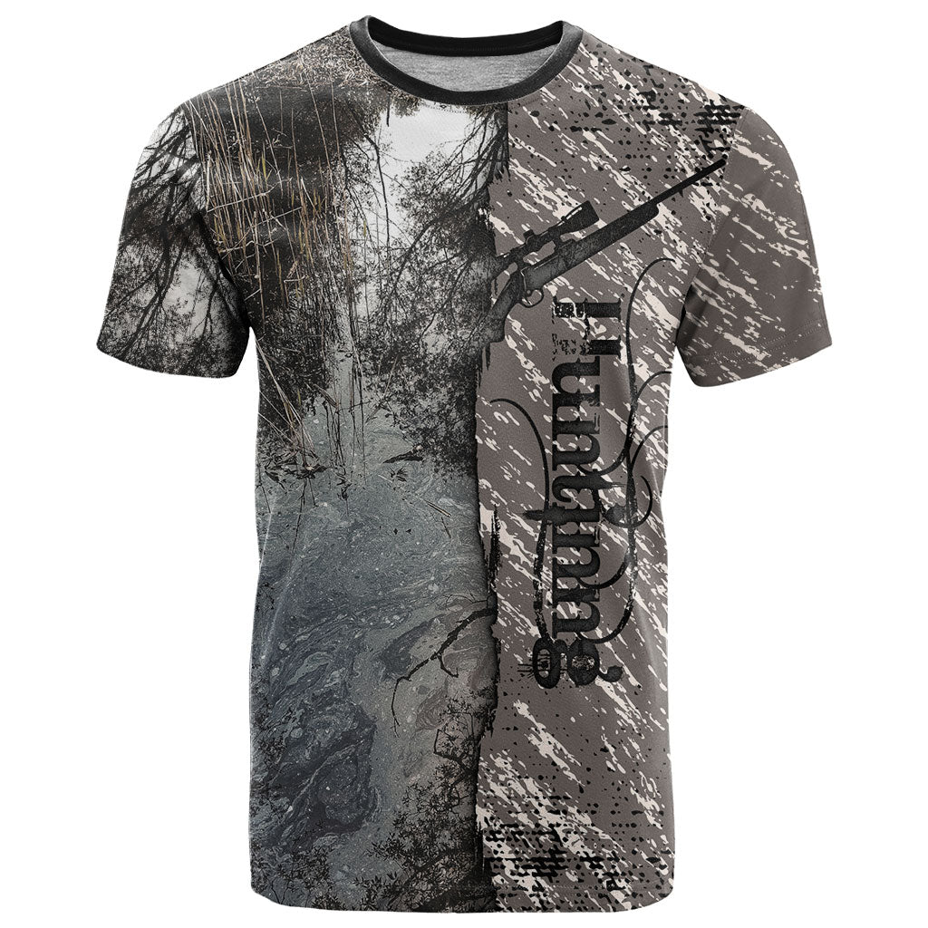 Hunting Rifle T Shirt Grunge Wilderness Marsh Scene with Rustic Outdoor