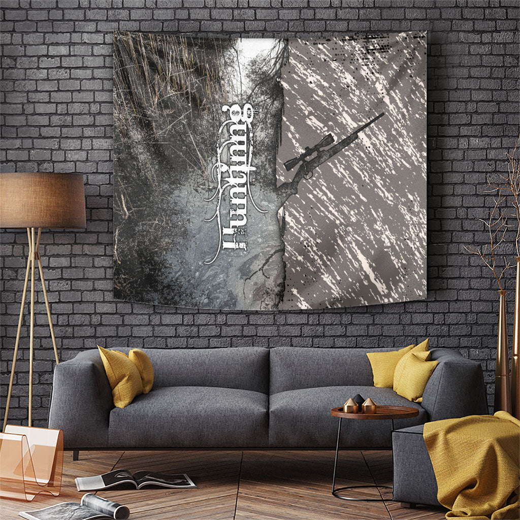 Hunting Rifle Tapestry Grunge Wilderness Marsh Scene with Rustic Outdoor