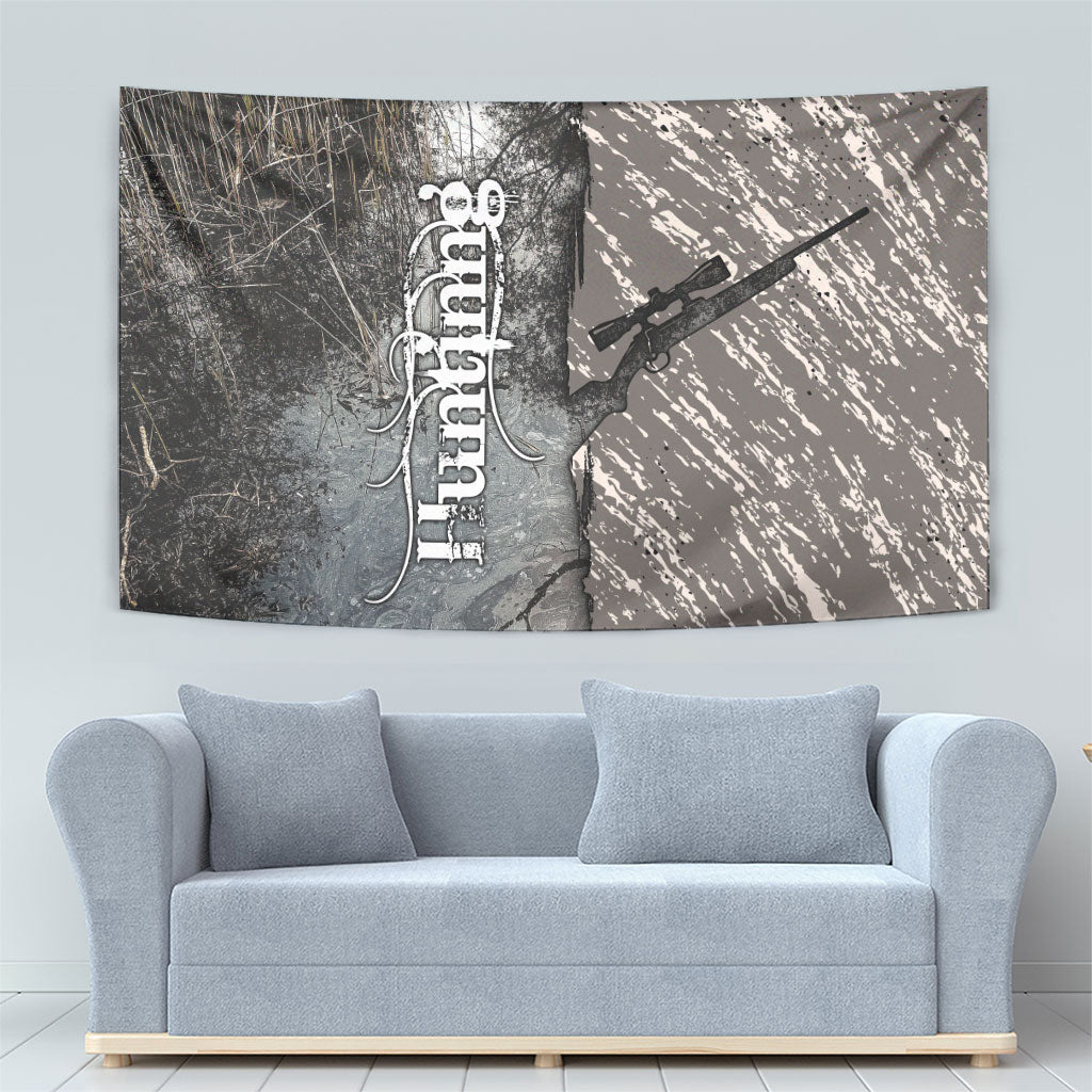 Hunting Rifle Tapestry Grunge Wilderness Marsh Scene with Rustic Outdoor