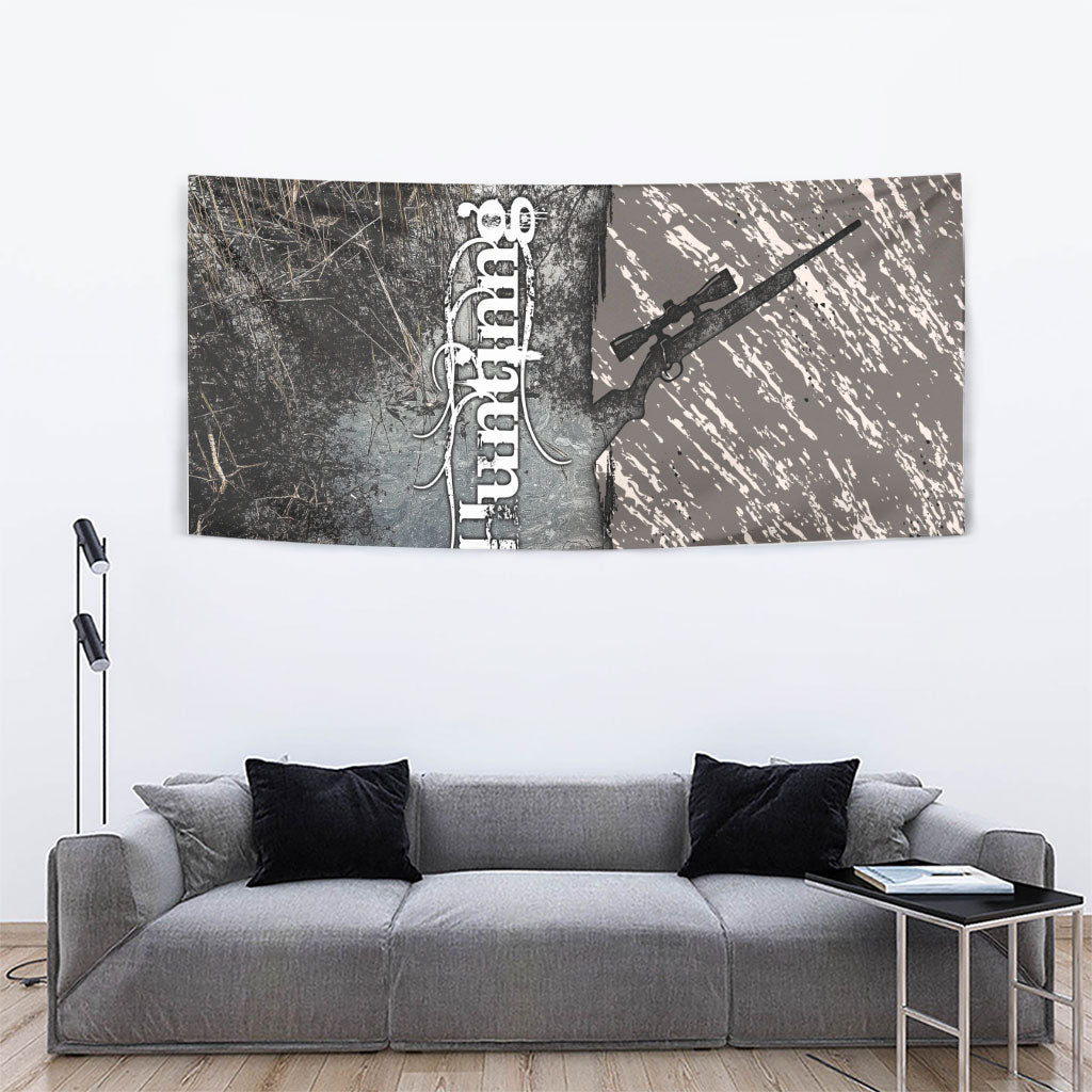 Hunting Rifle Tapestry Grunge Wilderness Marsh Scene with Rustic Outdoor
