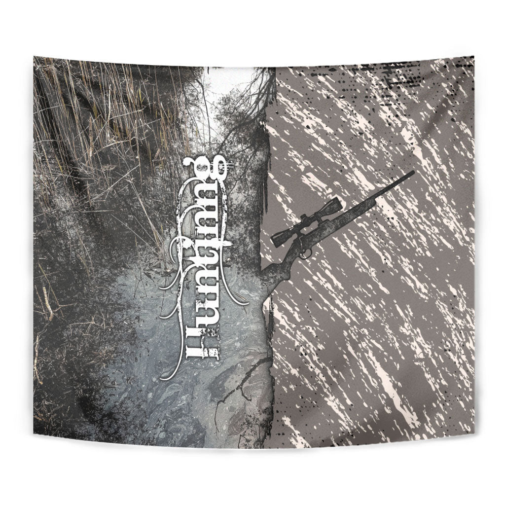 Hunting Rifle Tapestry Grunge Wilderness Marsh Scene with Rustic Outdoor