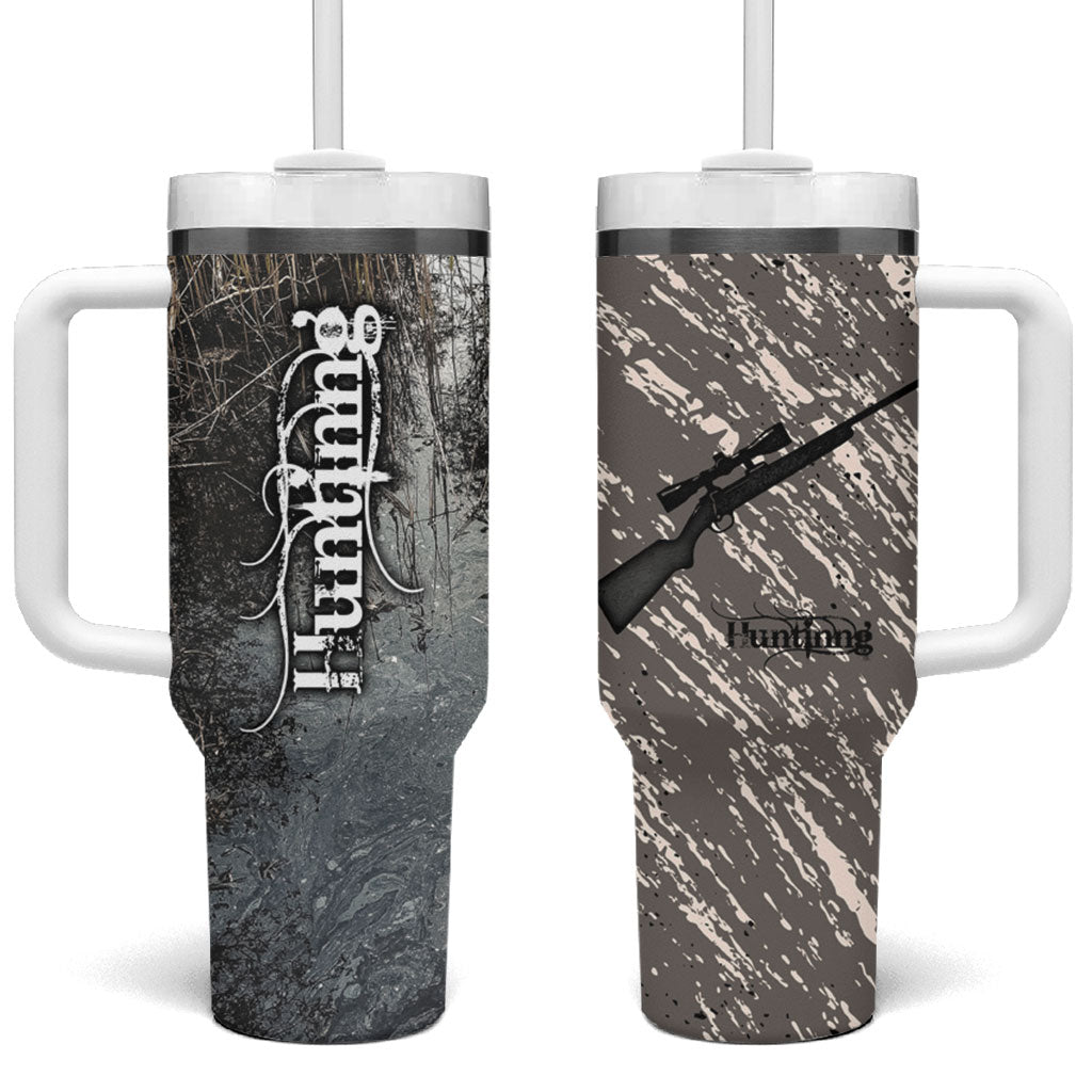 Hunting Rifle Tumbler With Handle Grunge Wilderness Marsh Scene with Rustic Outdoor