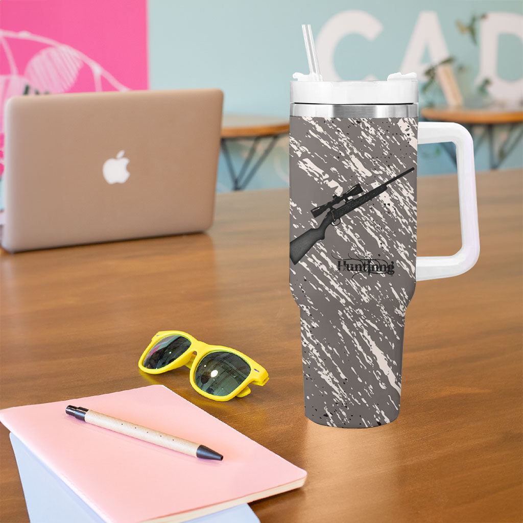 Hunting Rifle Tumbler With Handle Grunge Wilderness Marsh Scene with Rustic Outdoor