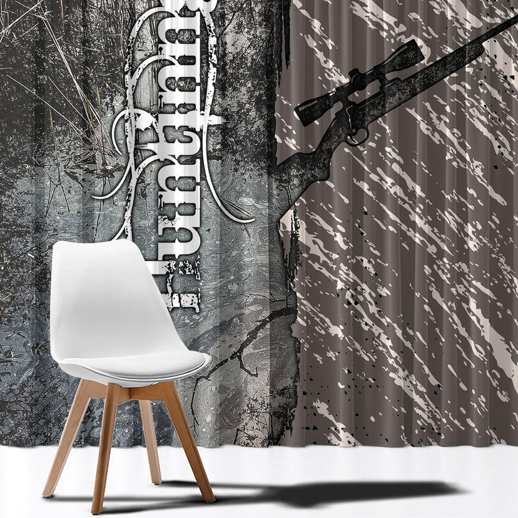 Hunting Rifle Window Curtain Grunge Wilderness Marsh Scene with Rustic Outdoor