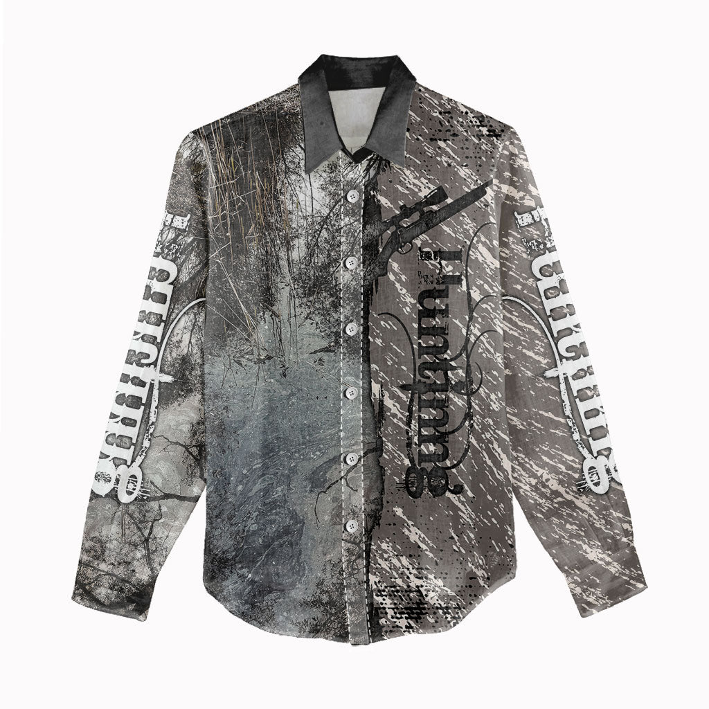 Hunting Rifle Women Casual Shirt Grunge Wilderness Marsh Scene with Rustic Outdoor