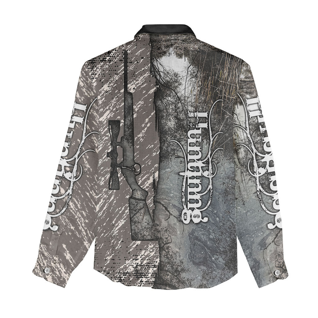 Hunting Rifle Women Casual Shirt Grunge Wilderness Marsh Scene with Rustic Outdoor