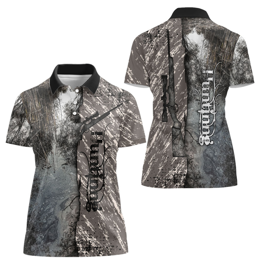 Hunting Rifle Women Polo Shirt Grunge Wilderness Marsh Scene with Rustic Outdoor