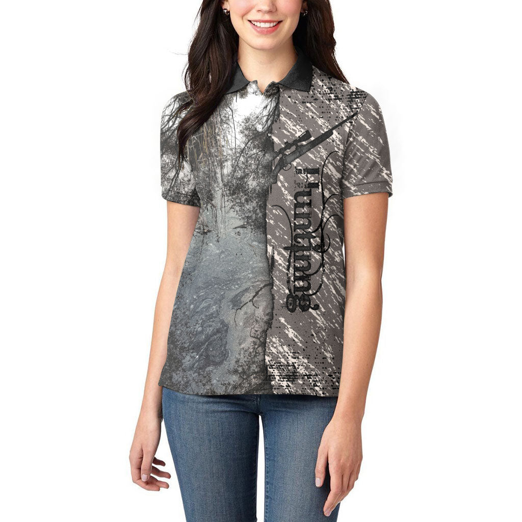 Hunting Rifle Women Polo Shirt Grunge Wilderness Marsh Scene with Rustic Outdoor