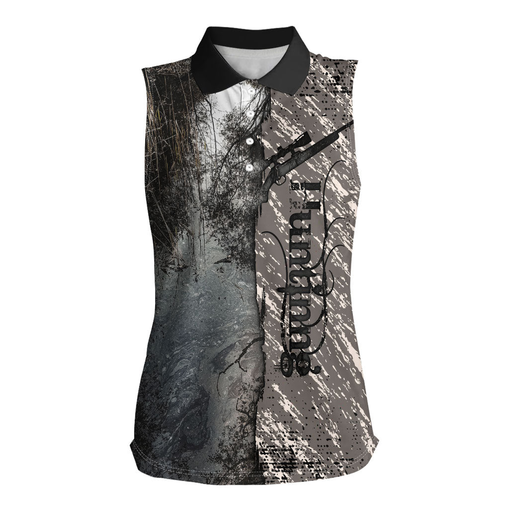 Hunting Rifle Women Sleeveless Polo Shirt Grunge Wilderness Marsh Scene with Rustic Outdoor