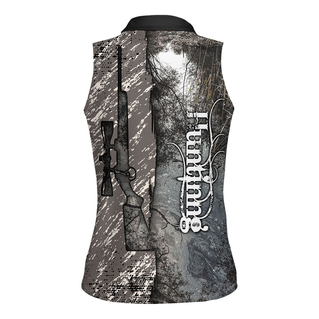 Hunting Rifle Women Sleeveless Polo Shirt Grunge Wilderness Marsh Scene with Rustic Outdoor