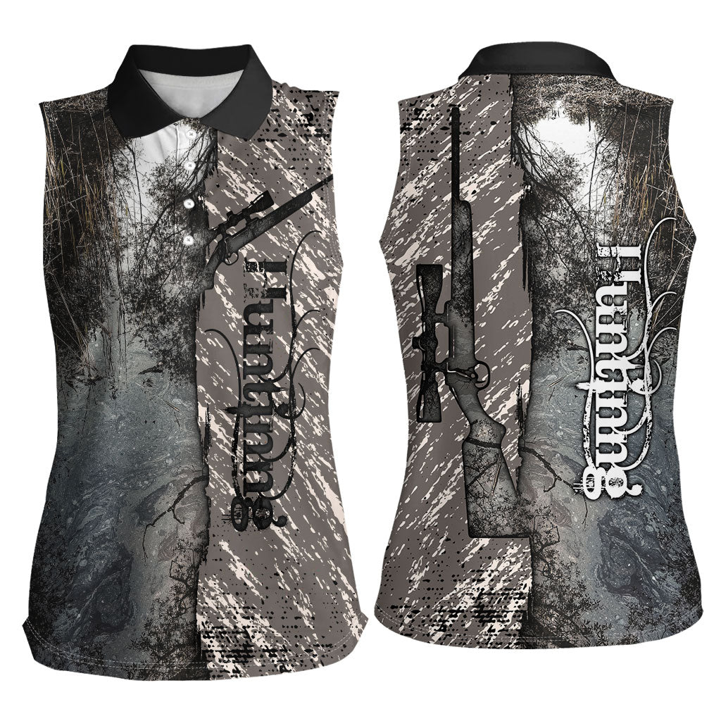 Hunting Rifle Women Sleeveless Polo Shirt Grunge Wilderness Marsh Scene with Rustic Outdoor