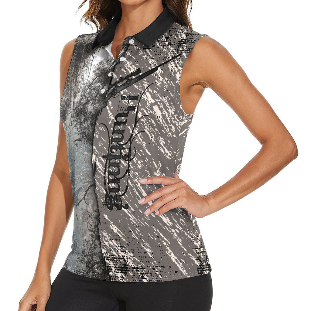 Hunting Rifle Women Sleeveless Polo Shirt Grunge Wilderness Marsh Scene with Rustic Outdoor