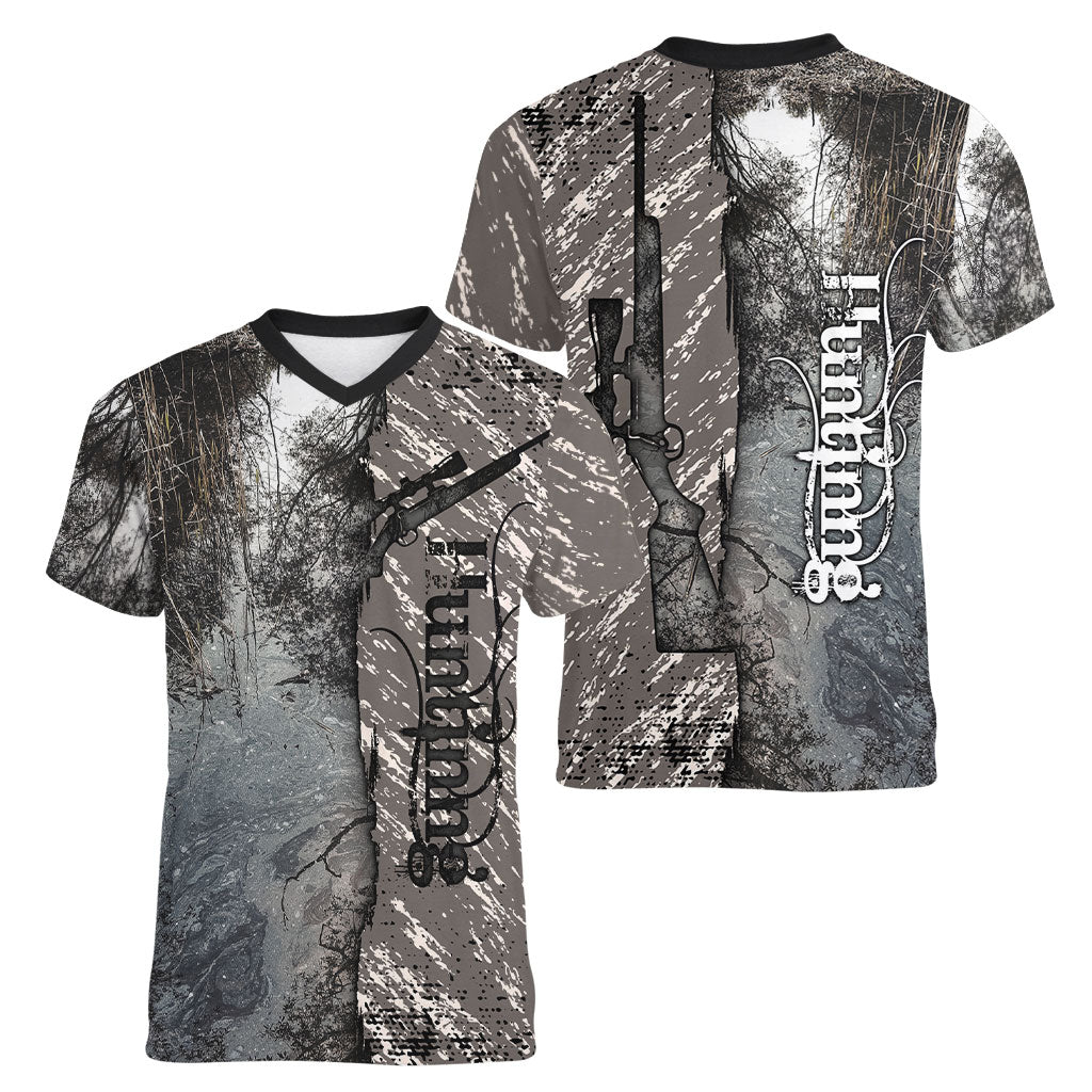 Hunting Rifle Women V-Neck T-Shirt Grunge Wilderness Marsh Scene with Rustic Outdoor