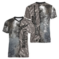 Hunting Rifle Women V-Neck T-Shirt Grunge Wilderness Marsh Scene with Rustic Outdoor