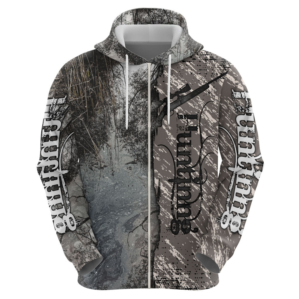 Hunting Rifle Zip Hoodie Grunge Wilderness Marsh Scene with Rustic Outdoor