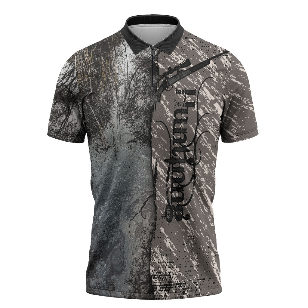 Hunting Rifle Zipper Polo Shirt Grunge Wilderness Marsh Scene with Rustic Outdoor