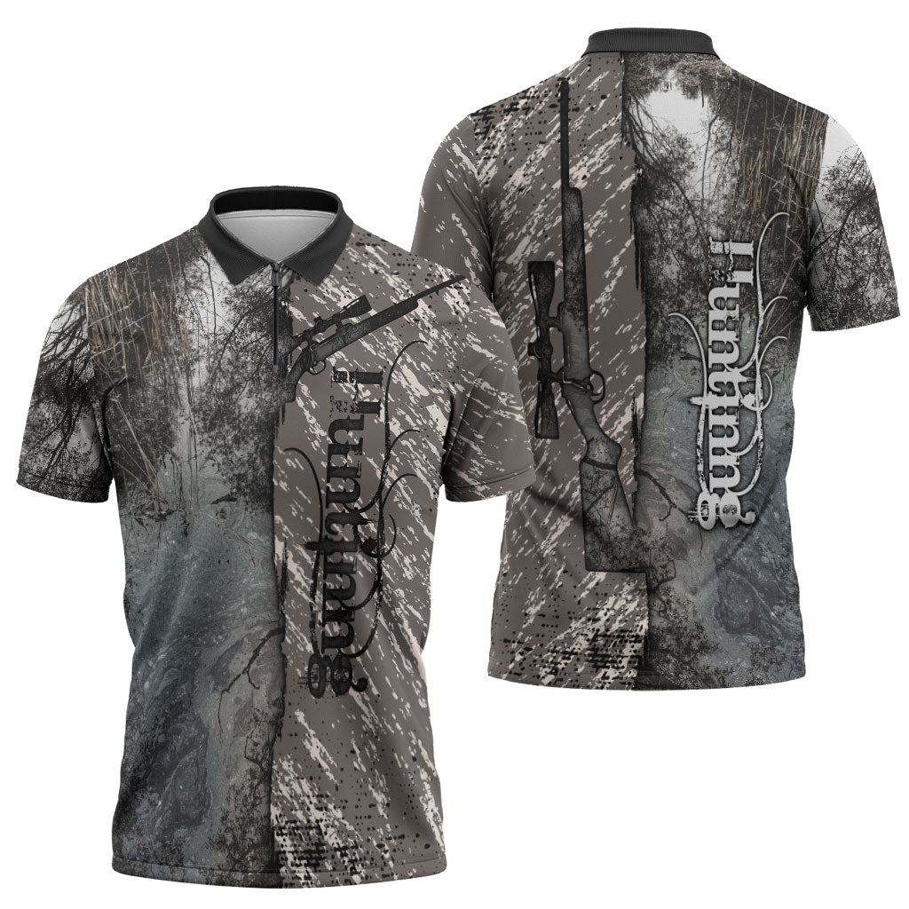 Hunting Rifle Zipper Polo Shirt Grunge Wilderness Marsh Scene with Rustic Outdoor