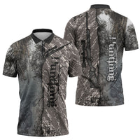 Hunting Rifle Zipper Polo Shirt Grunge Wilderness Marsh Scene with Rustic Outdoor