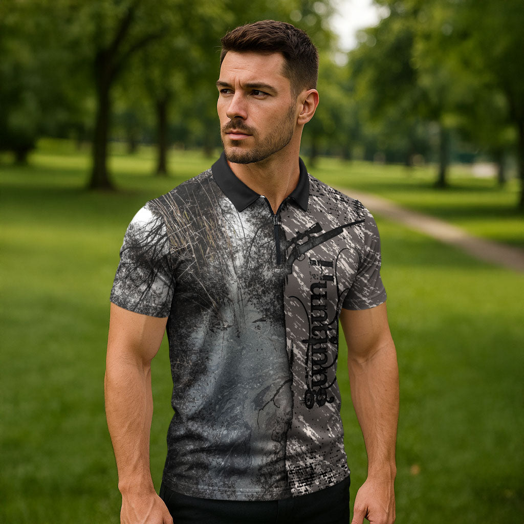 Hunting Rifle Zipper Polo Shirt Grunge Wilderness Marsh Scene with Rustic Outdoor