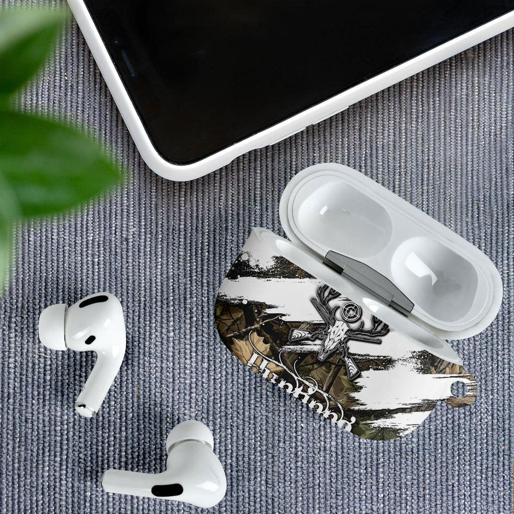 Deer Skull Hunting AirPods Case Camo Forest Grunge Buck Skull Crossed Rifles Target