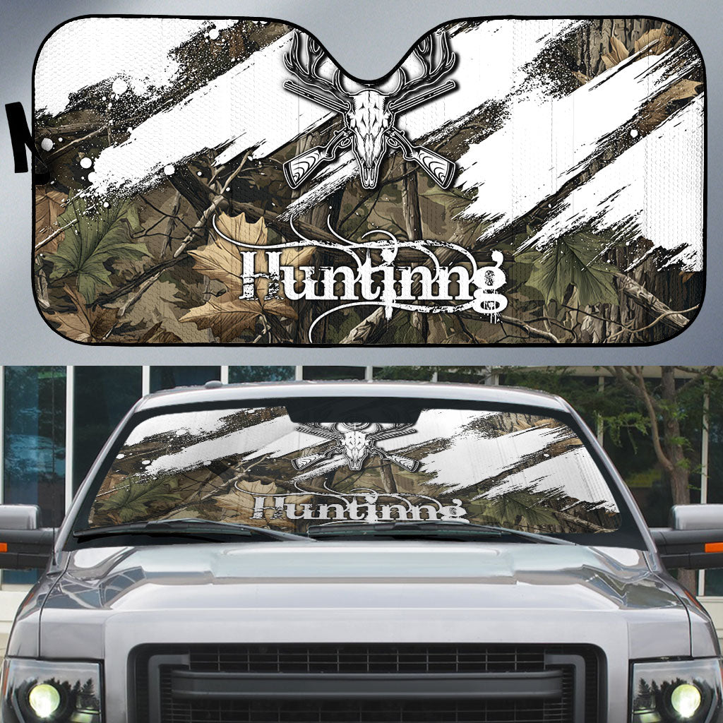 Deer Skull Hunting Auto Sun Shade Camo Forest Grunge Buck Skull Crossed Rifles Target