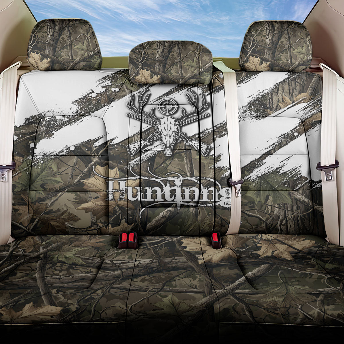 Deer Skull Hunting Back Car Seat Cover Camo Forest Grunge Buck Skull Crossed Rifles Target