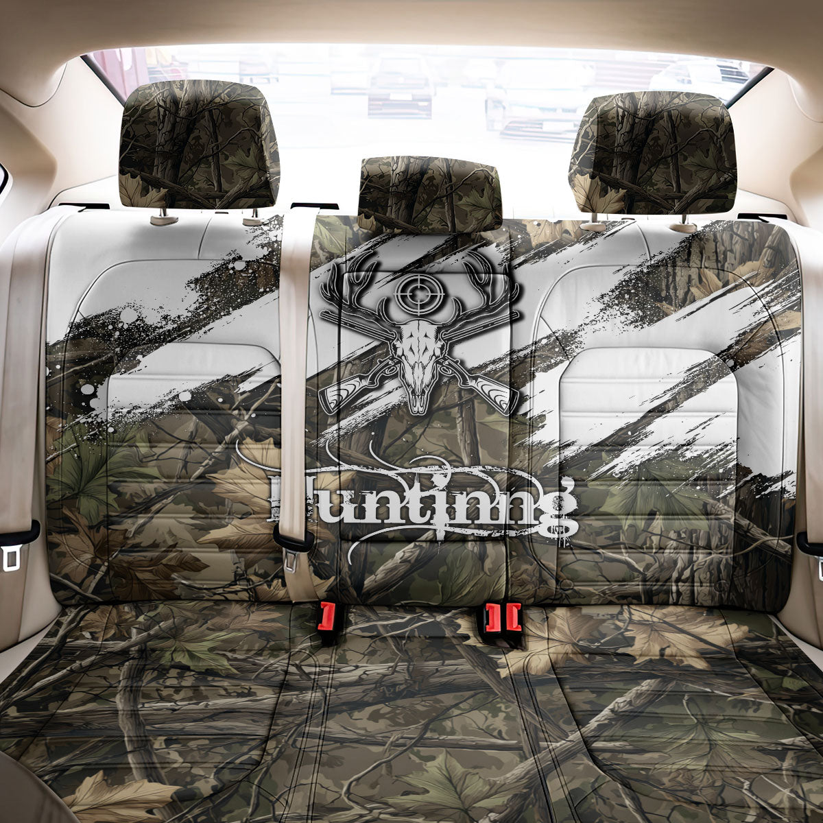 Deer Skull Hunting Back Car Seat Cover Camo Forest Grunge Buck Skull Crossed Rifles Target
