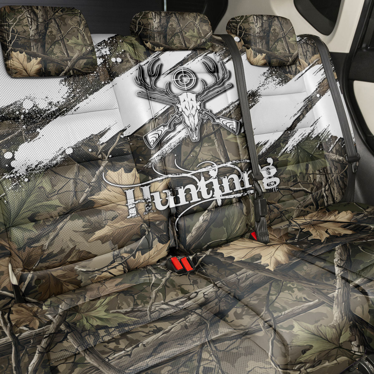 Deer Skull Hunting Back Car Seat Cover Camo Forest Grunge Buck Skull Crossed Rifles Target