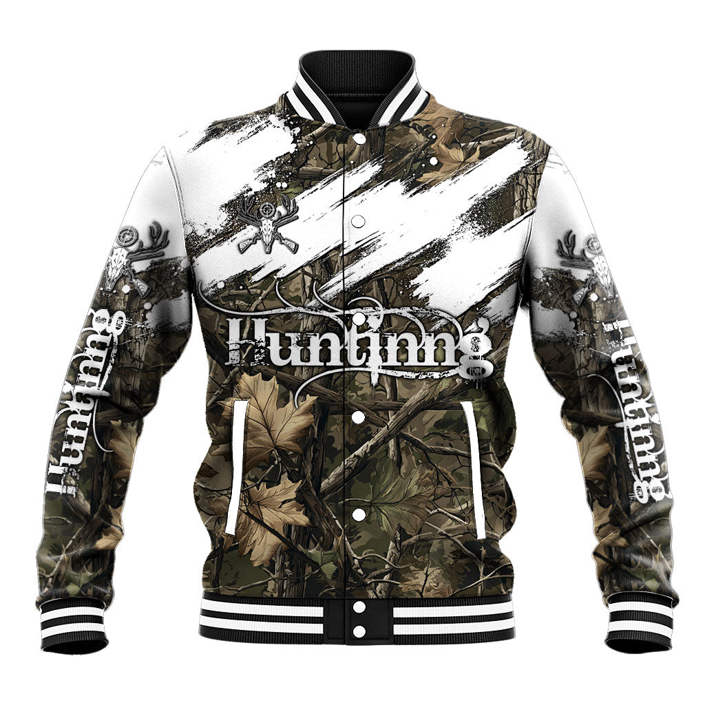 Deer Skull Hunting Baseball Jacket Camo Forest Grunge Buck Skull Crossed Rifles Target