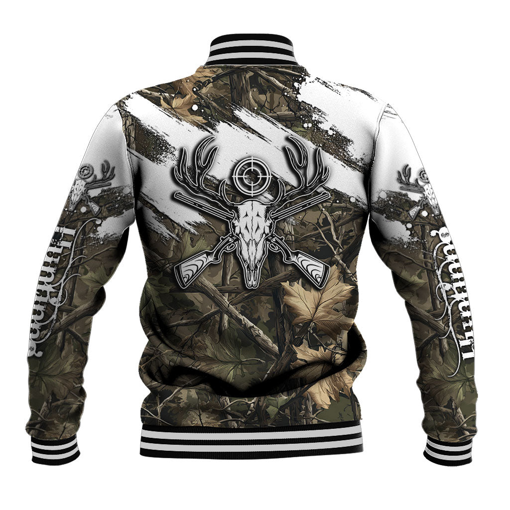 Deer Skull Hunting Baseball Jacket Camo Forest Grunge Buck Skull Crossed Rifles Target