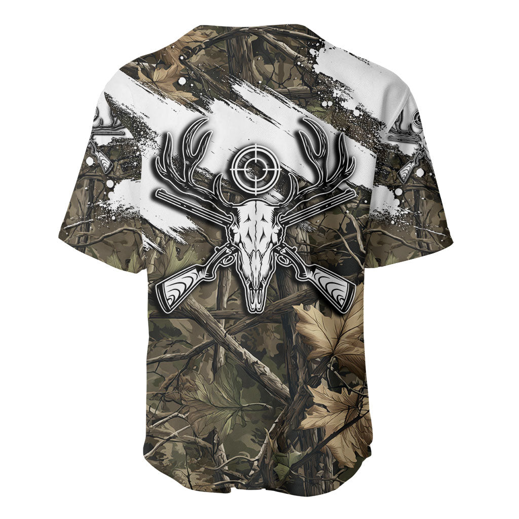Deer Skull Hunting Baseball Jersey Camo Forest Grunge Buck Skull Crossed Rifles Target