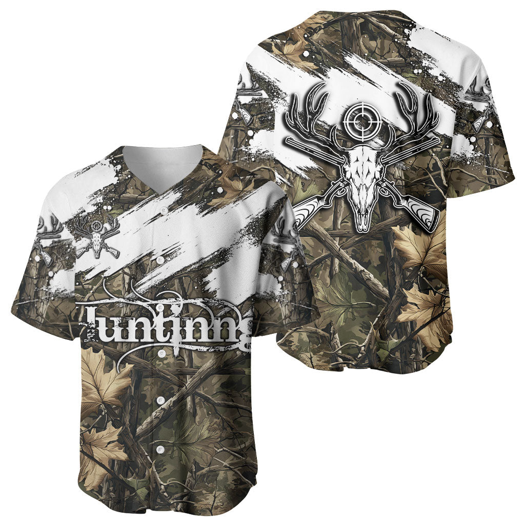 Deer Skull Hunting Baseball Jersey Camo Forest Grunge Buck Skull Crossed Rifles Target