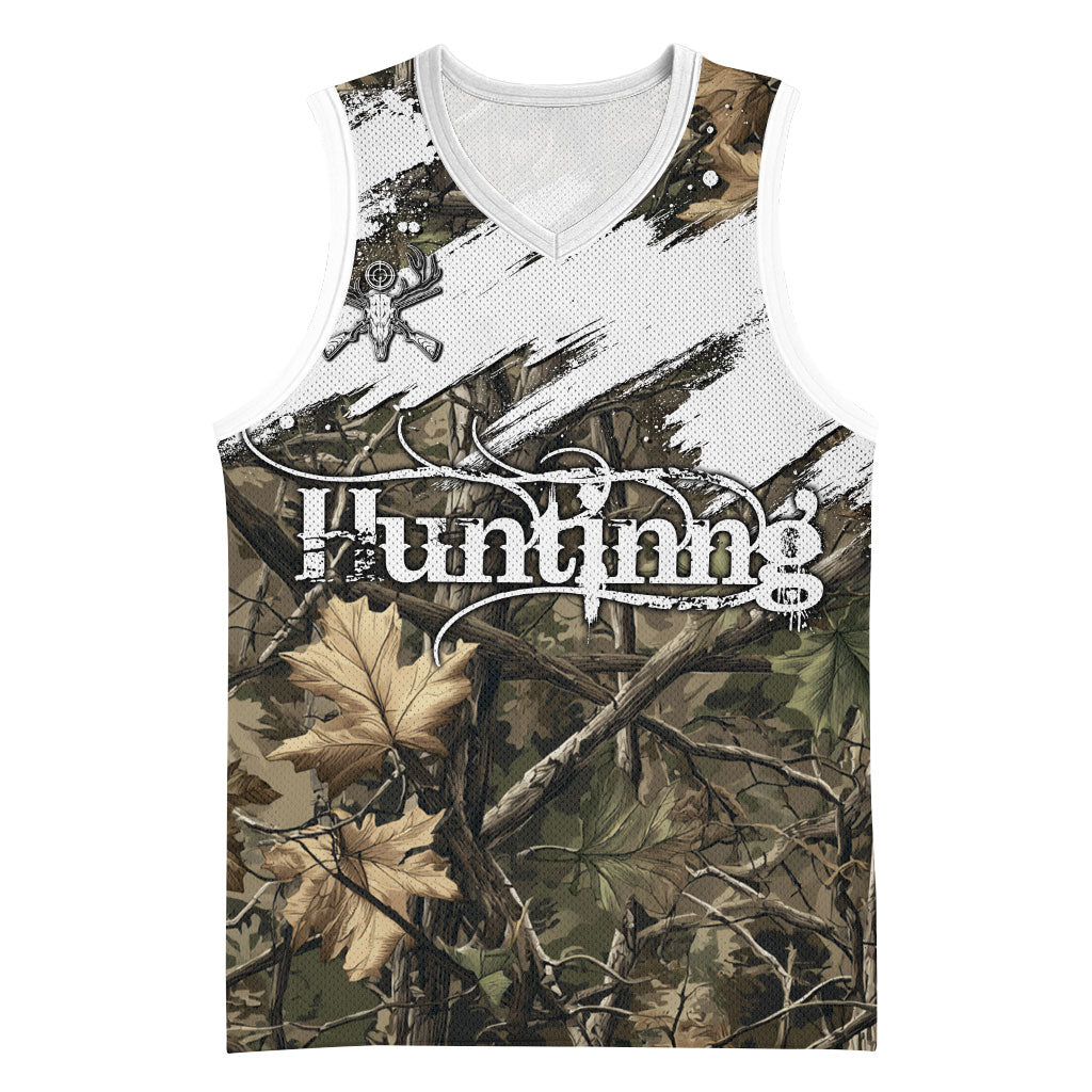 Deer Skull Hunting Basketball Jersey Camo Forest Grunge Buck Skull Crossed Rifles Target