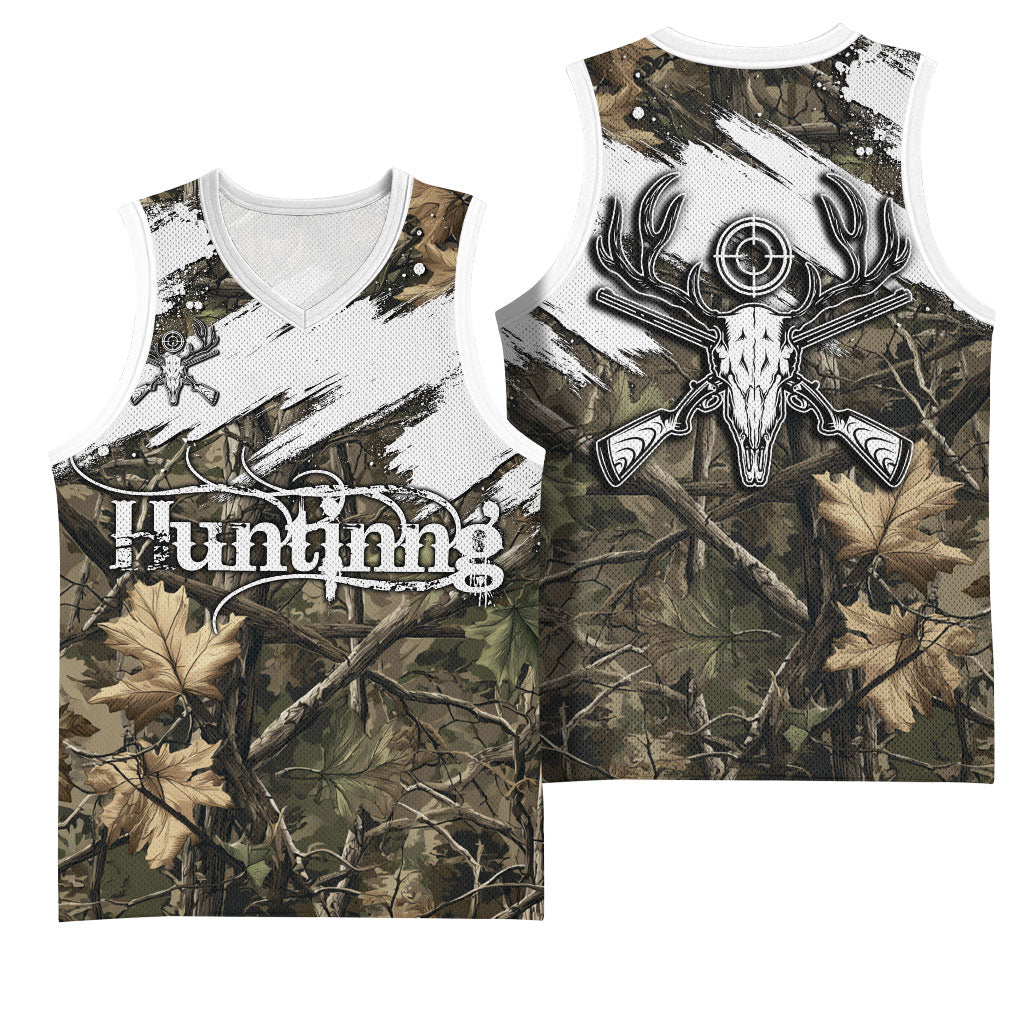 Deer Skull Hunting Basketball Jersey Camo Forest Grunge Buck Skull Crossed Rifles Target