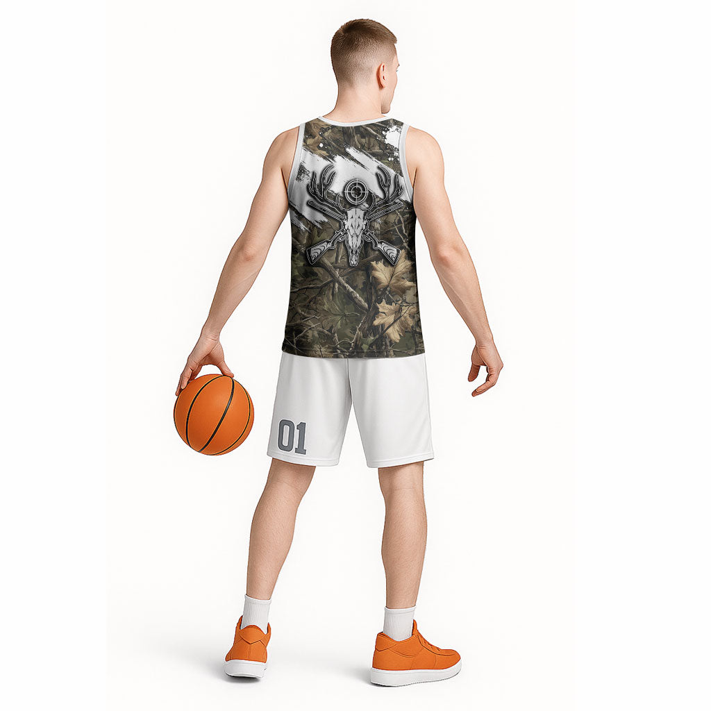 Deer Skull Hunting Basketball Jersey Camo Forest Grunge Buck Skull Crossed Rifles Target