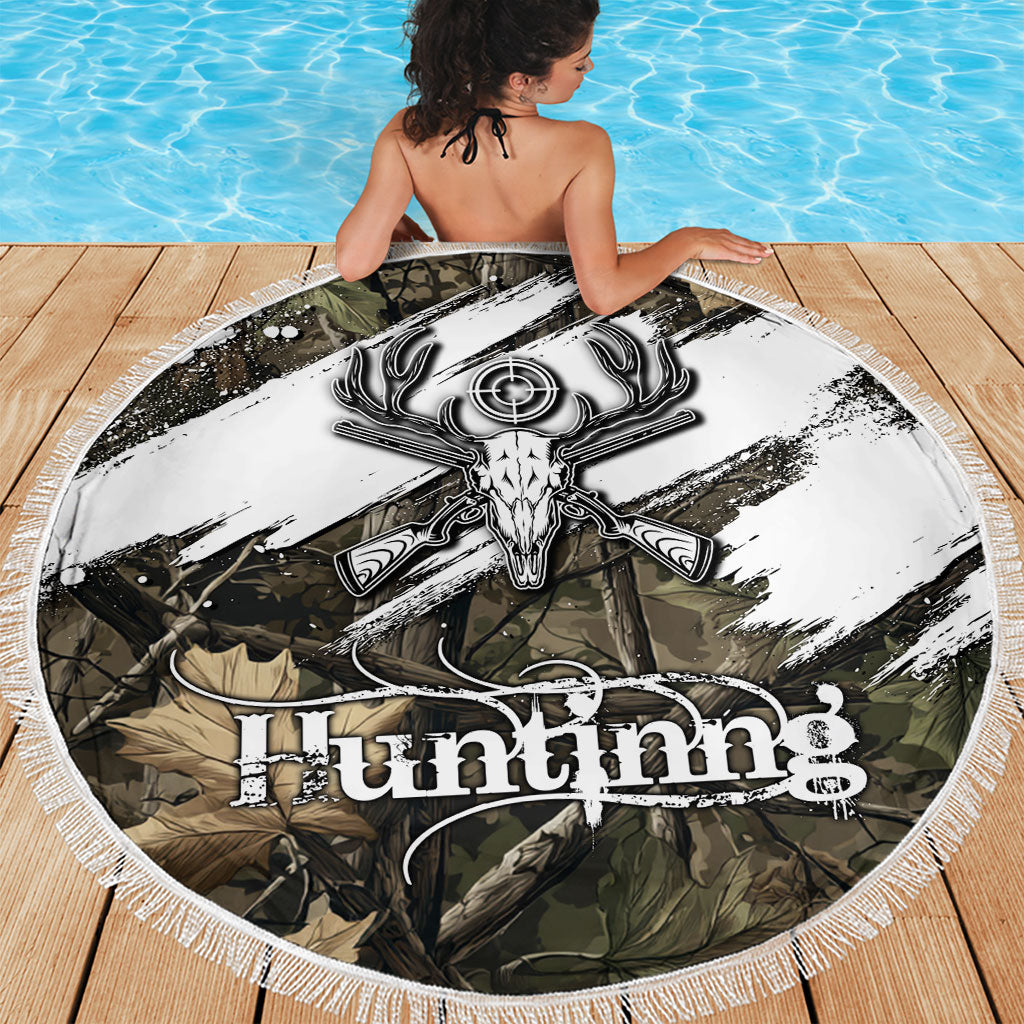 Deer Skull Hunting Beach Blanket Camo Forest Grunge Buck Skull Crossed Rifles Target
