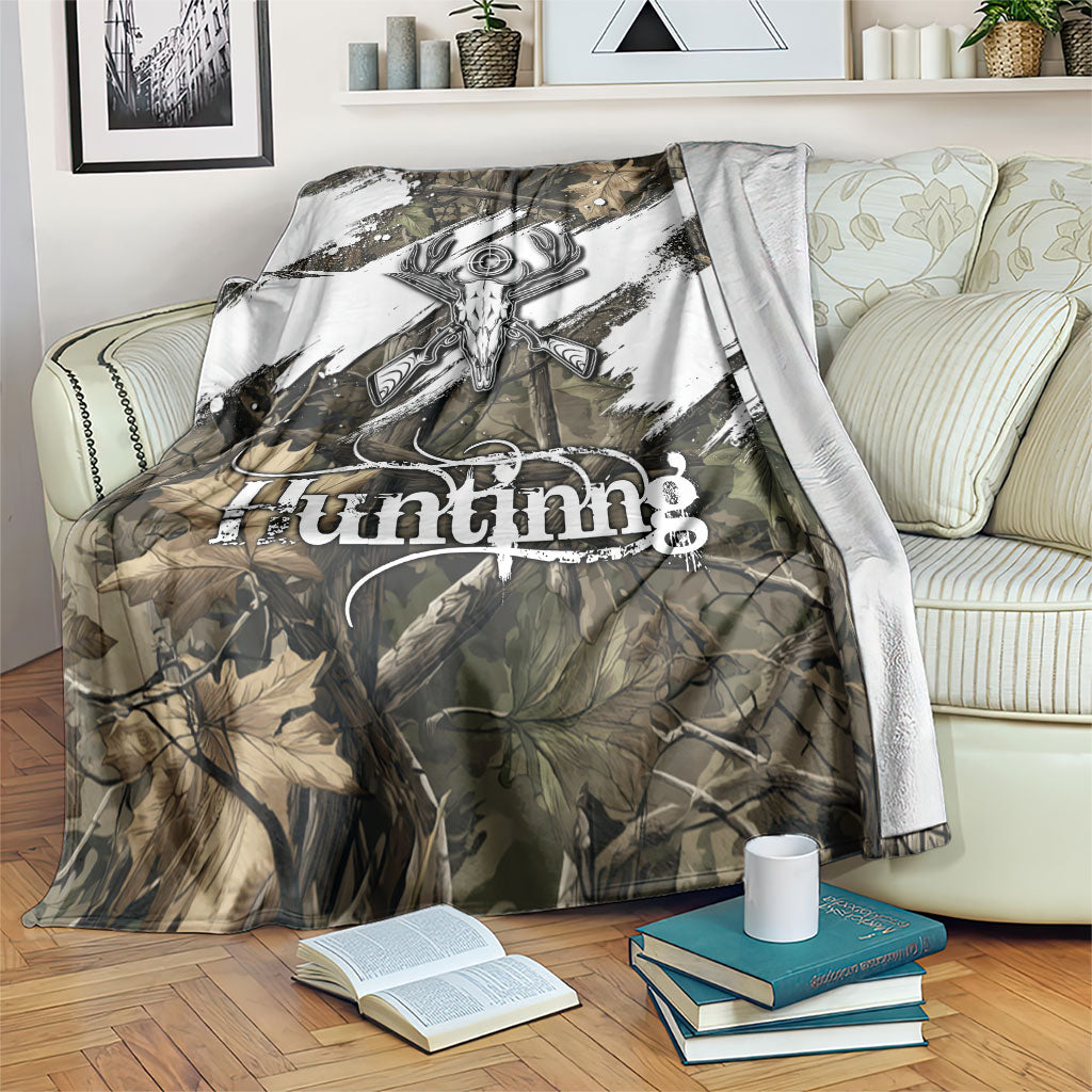 Deer Skull Hunting Blanket Camo Forest Grunge Buck Skull Crossed Rifles Target