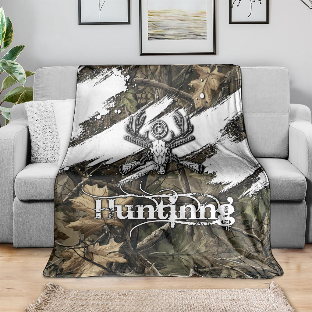 Deer Skull Hunting Blanket Camo Forest Grunge Buck Skull Crossed Rifles Target