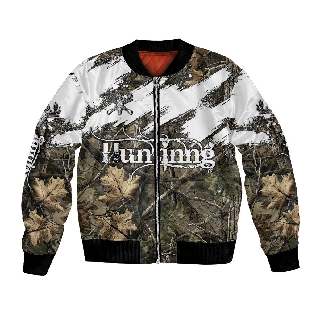 Deer Skull Hunting Bomber Jacket Camo Forest Grunge Buck Skull Crossed Rifles Target