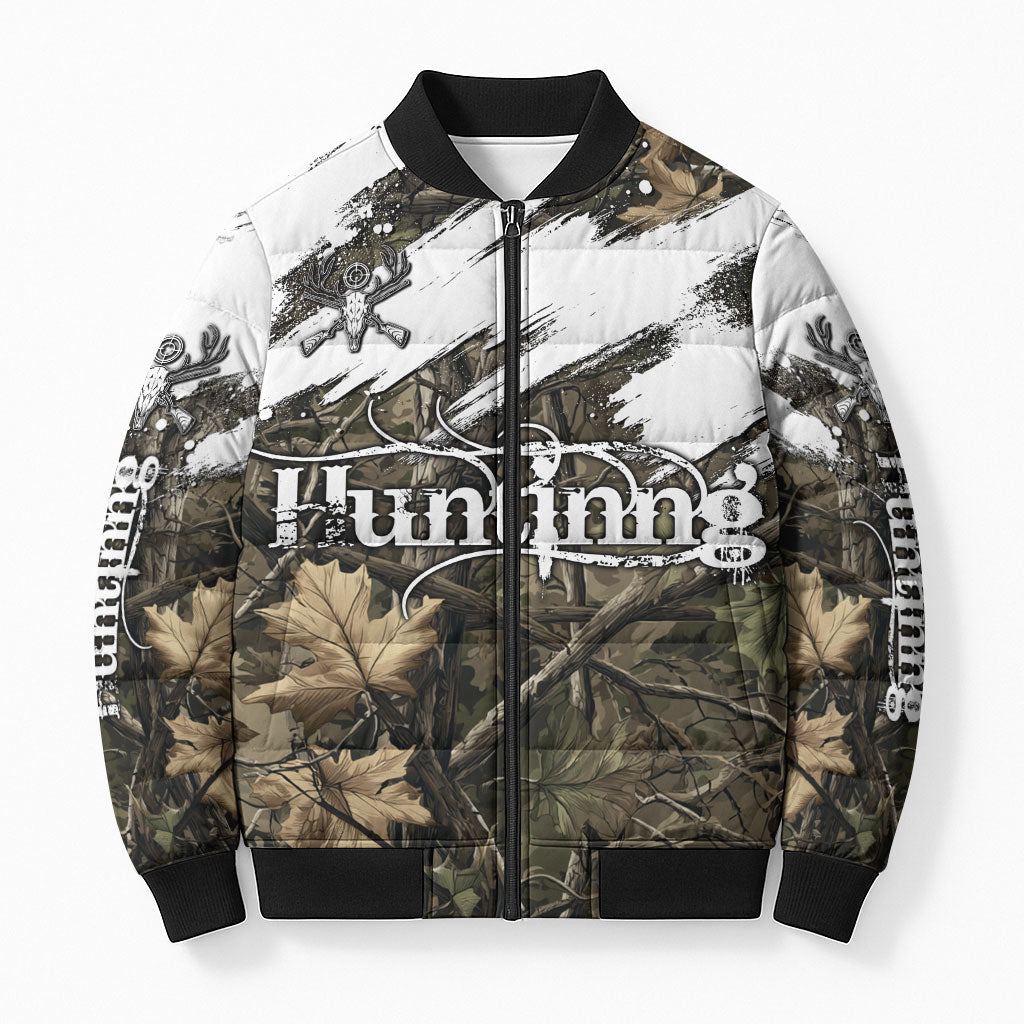 Deer Skull Hunting Bomber Puffer Jacket Camo Forest Grunge Buck Skull Crossed Rifles Target