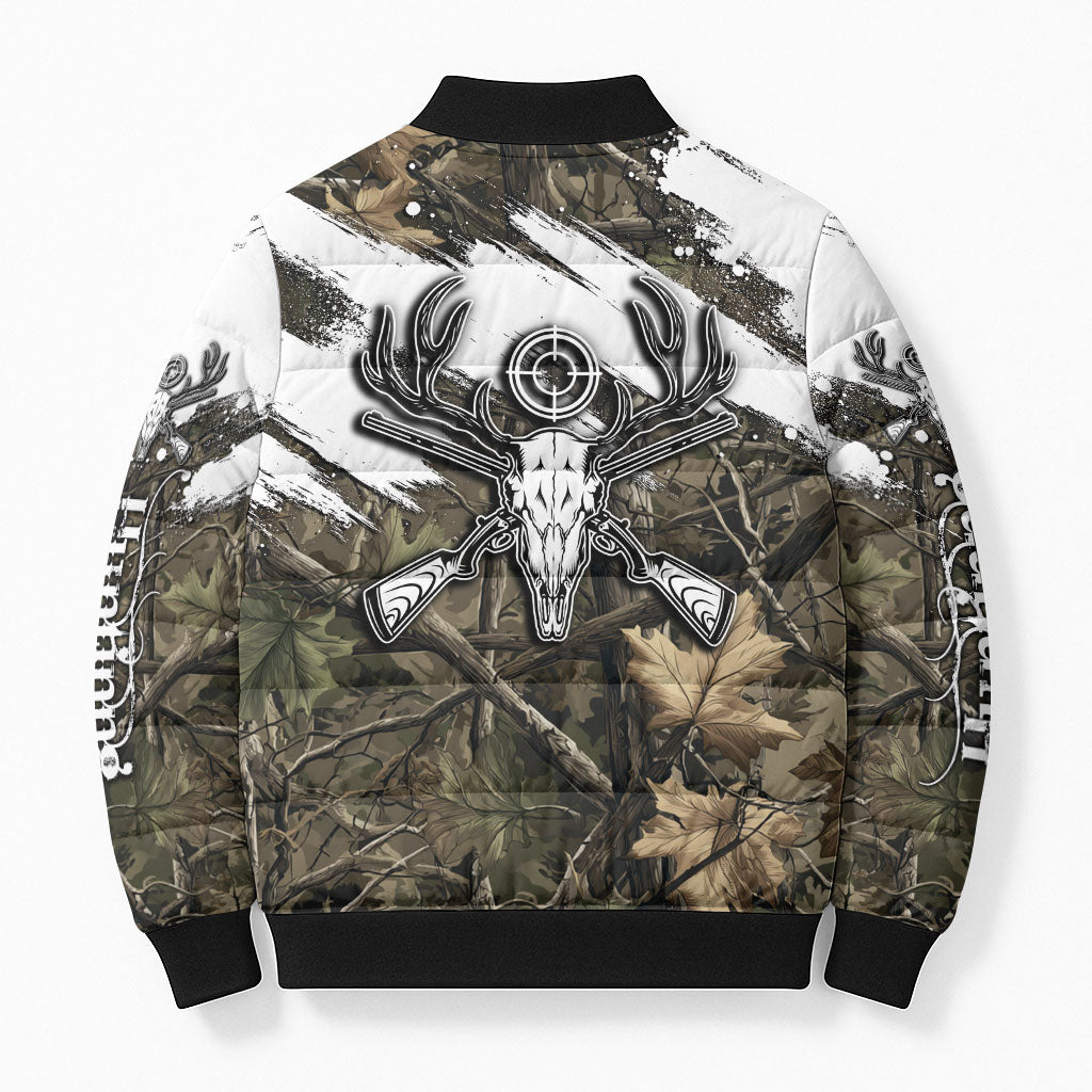 Deer Skull Hunting Bomber Puffer Jacket Camo Forest Grunge Buck Skull Crossed Rifles Target