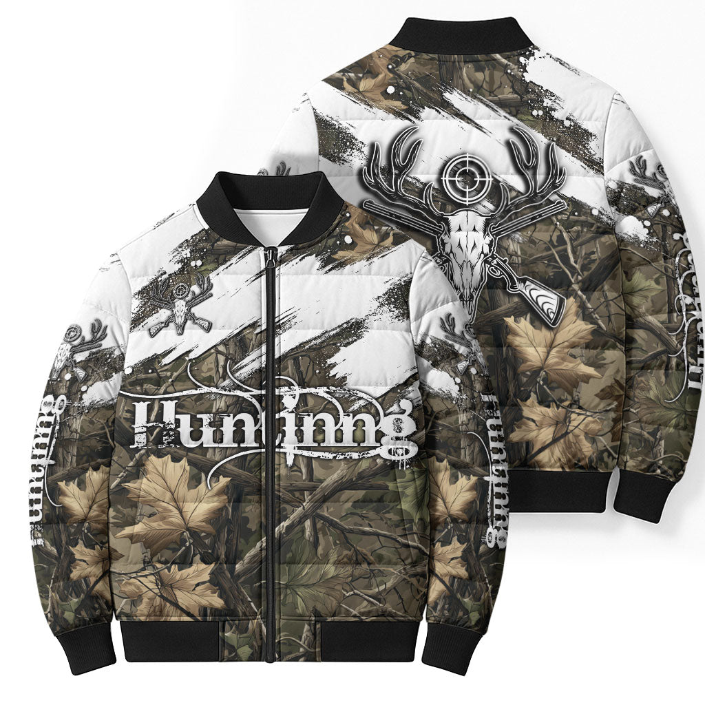 Deer Skull Hunting Bomber Puffer Jacket Camo Forest Grunge Buck Skull Crossed Rifles Target