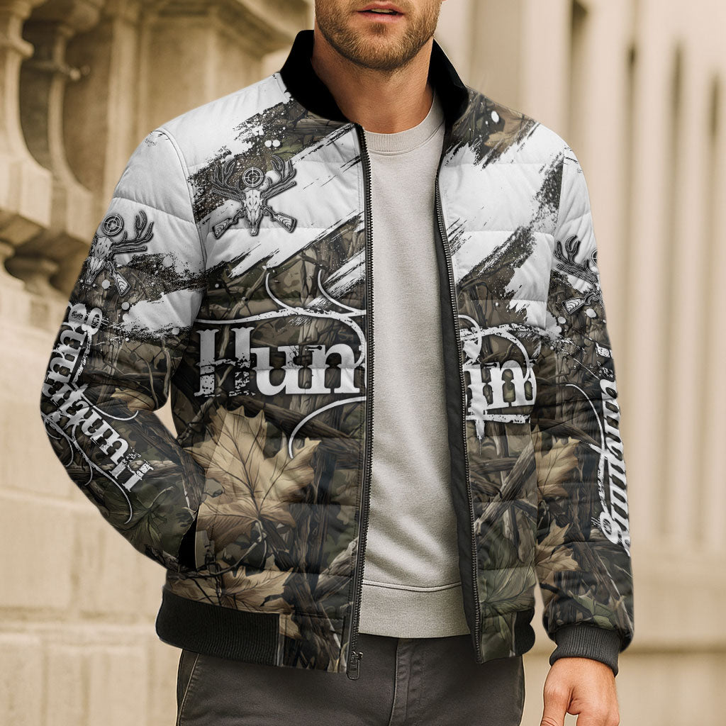Deer Skull Hunting Bomber Puffer Jacket Camo Forest Grunge Buck Skull Crossed Rifles Target