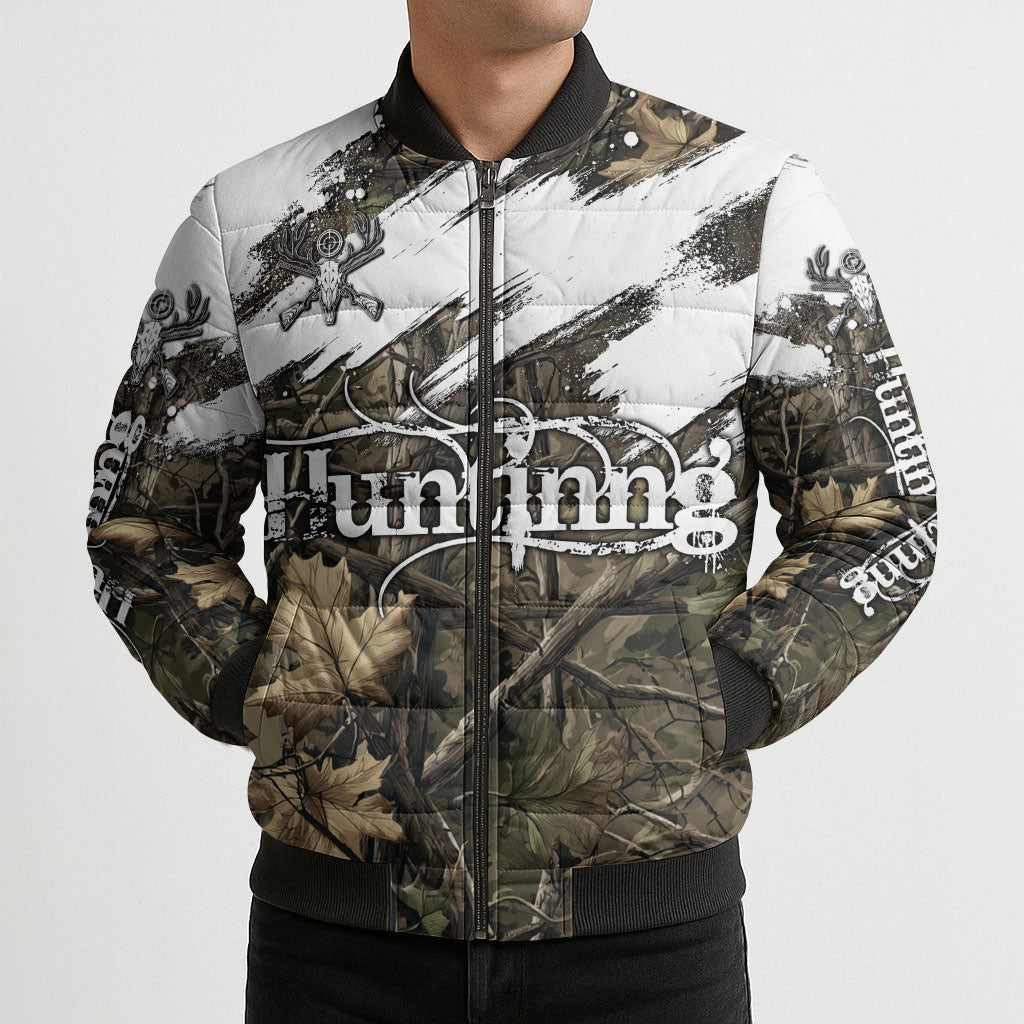 Deer Skull Hunting Bomber Puffer Jacket Camo Forest Grunge Buck Skull Crossed Rifles Target
