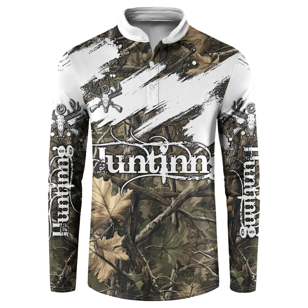 Deer Skull Hunting Button Sweatshirt Camo Forest Grunge Buck Skull Crossed Rifles Target