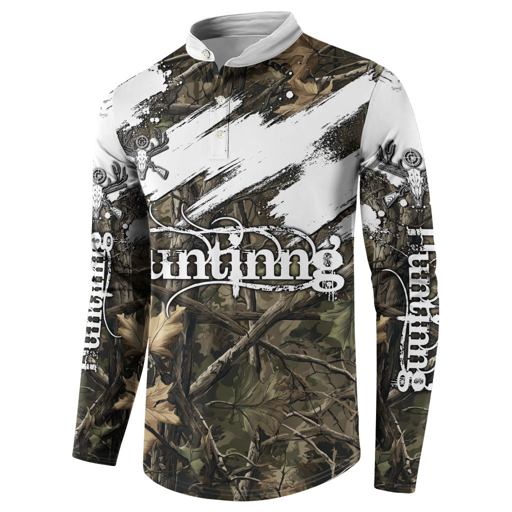 Deer Skull Hunting Button Sweatshirt Camo Forest Grunge Buck Skull Crossed Rifles Target